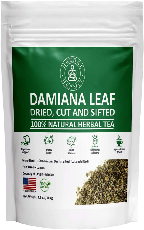 Damiana Herb Leaf Tea for Women, Men | Loose Leaf, Dried, Cut and Sifted for Adrenal Support| 4oz / 114 Grams| Made in USA