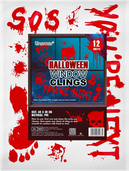 Halloween Decorations 112PCS Halloween Window Clings, 12 Sheets Bloody Handprint Footprint Skull Blood Decor Floor Clings, Spooky Window Stickers Decal for Haunted House Halloween Party Decorations