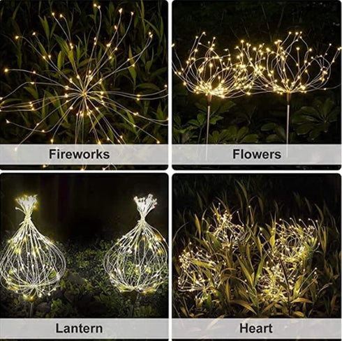 2Pack Solar Firework Lights Outdoor 120LED Garden Decorative Starburst Lamp Powered Copper Wire Fairy String Stake Landscape Waterproof DIY Flowers Sparklers Lighting for Christmas Walkway Warm White