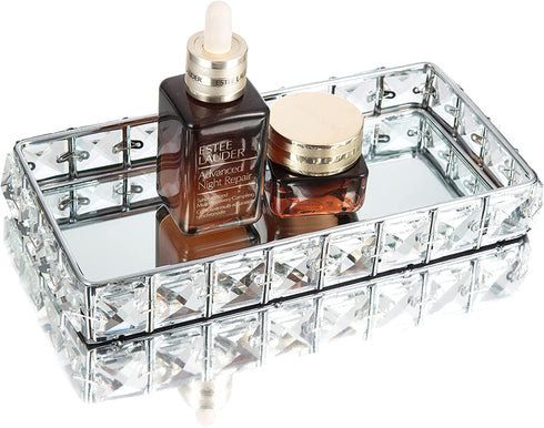 Feyarl Crystal Vanity Jewelry Trinket Tray Anti-Scratch Real Glass Surface Cosmetic Makeup Perfume Essential Oil Holder Display Organizer Storage (8.66 x 4.33 x 1.29inch)