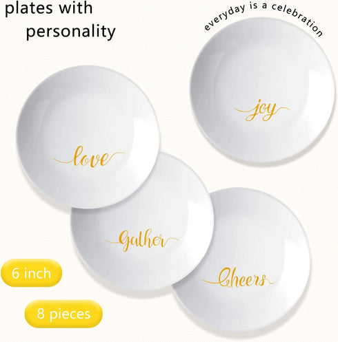 8 Pieces Appetizer Plates Chip Resistant Snack Plates White Dessert Plates with Gold Celebration Words Multi-Purpose Serving Plates, 6 Inch