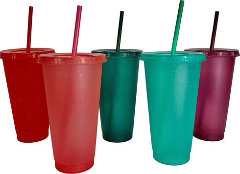 Crazy Chicken Lady Glitter Cups - Large Reusable Cold Tumblers with Lids & Straws | 5-Pack 24oz | Customizable DIY Gifts, Includes Vinyl Decals Sticker Set.