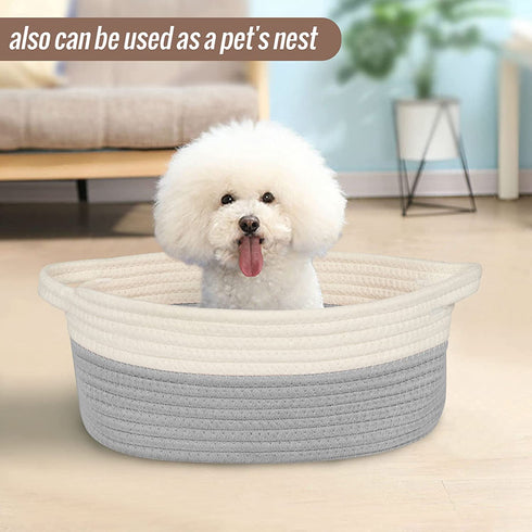 Cotton Rope Basket Small, IMQSQIK Rope Woven Storage Baskets with Handles, Oval 2 Pack, Light Gray White