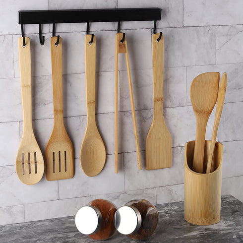 Wooden Spoons for Cooking Organic Bamboo Kitchen Utensils Set 8 Pcs Housewarming Gift New Apartment Essentials Slotted Serving Spoons Spatula Tong Tools for Nonstick Cookware with Holder