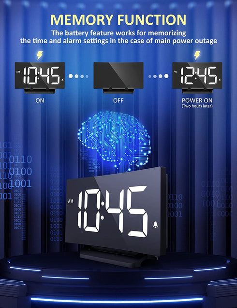 Digital Alarm Clock for Bedrooms, Bedside Clock with 6 Levels of Brightness, Snooze, Adjustable Volume and 3 Alarm Sounds, 12/24Hr, Easy to Set, Curved Design, Compact Desk Clock for Bedroom Decor