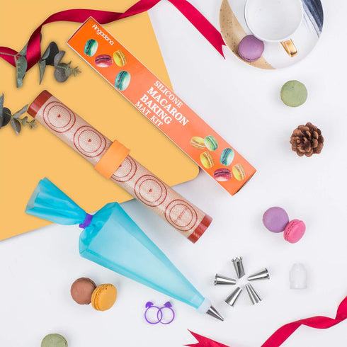 Macaroon Baking Kit Silicone Mat - Macaroon Baking Set Silicone Baking Mat 1 Quarter Sheet and 2 Half Sheet Macaron Baking Mat,Macaron Mat Baking Sheet,2 Piping Pastry Bag with Bag Tie,6 Piping Tips