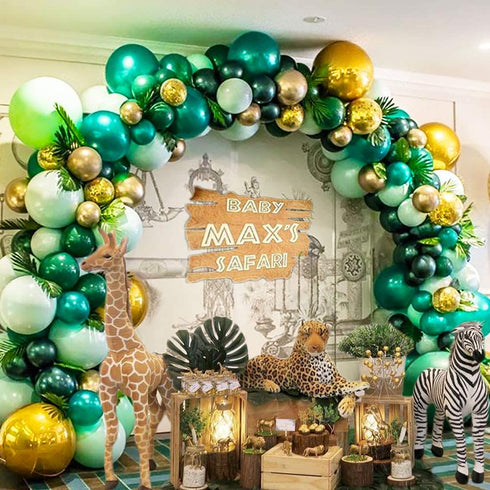 Jungle Safari Themed Balloon Garland Kit Green Aqua Blue Metal Gold Confetti balloons and Palm,Lvy Turtle Leaves for Baby Shower Decorations Boy or Girl Birthday Wild One