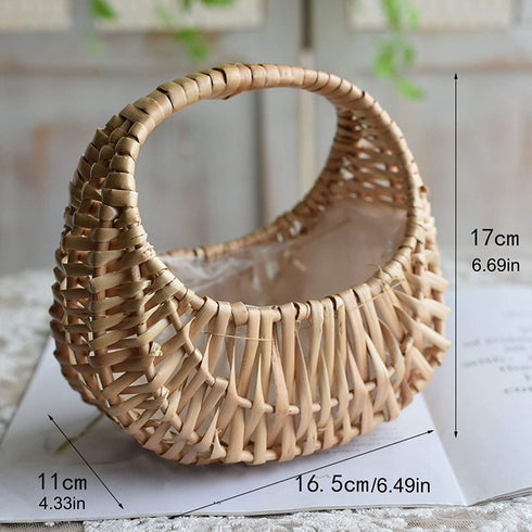 WYI Half-moon Mini Straw Rattan Baskets, Hand-woven Flower Basket with Handle, Retro Storage Containers, Khaki