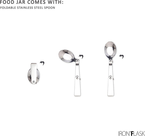 IRON °FLASK Food Jar - 13.5 Oz, Foldable Spoon, Leak Proof, Vacuum Insulated Thermo, Stainless Steel, Storage Lunch, Container, Canteen, Double Walled, Portable Food Bowl