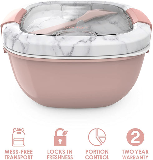 Bentgo® Salad - Stackable Lunch Container with Large 54-oz Salad Bowl, 4-Compartment Bento-Style Tray for Toppings, 3-oz Sauce Container for Dressings, Built-In Reusable Fork & BPA-Free (Blush Marble)