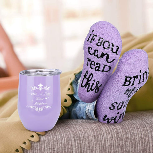 Wine Tumbler Gifts for Women, Purple Birthday Gifts for Women Friends, Stainless Steel Insulated Stemless Wine Tumbler Glass with Lid Socks