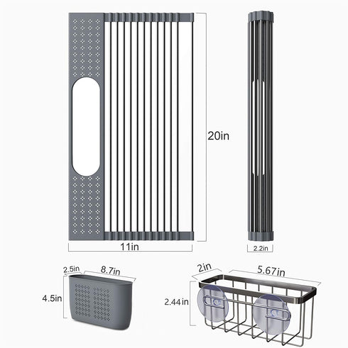 BAMEOS Roll Up Dish Drying Rack Over The Sink, 20?L x 11?W x 4.72?H Foldable Stainless Steel Dish Drying Rack with Utensil Holder & Sponge Holder for Kitchen Sink (Gray)