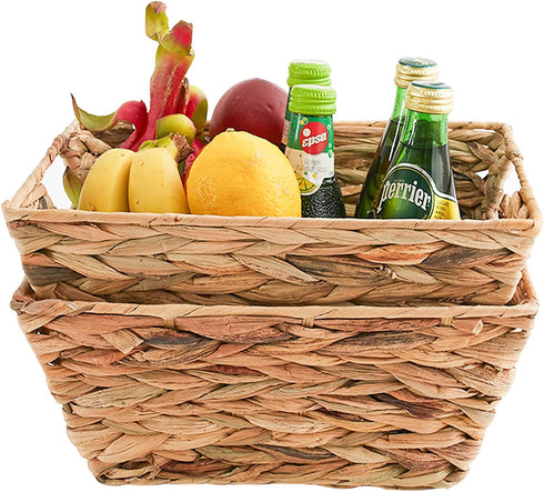 Water Hyacinth Storage Baskets Natural Handwoven Stackable Organizer Wicker Basket Bin With Handles for Cabinets,Cupboards,Shelves, Hold Vegetable,Towels Books Snacks Bottles 2 Pack 12x9x6 Natural/Tan