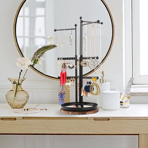 Jewelry Tower Organizer - Rotating Jewelry Tree Stand Organizer with 9 Tiers Adjustable Height Branches Display Holder for Necklace Bracelet Earring and Ring (Black)