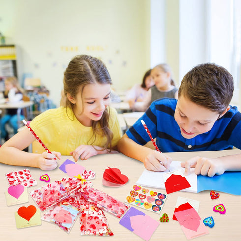 28 Pack Valentines Day Gifts for Kids , Valentines Cards Stickers Pencils Boys Girls, 252 PCS Valentine Exchange Party Favors Toys for School Classroom