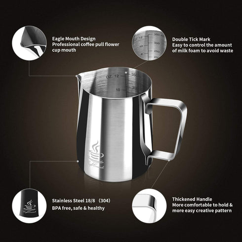 FlamGen Milk Frothing Pitcher 12 oz/350ml, Espresso Steaming Pitcher with Tick Mark, Decorating Art Pen, 16PCS Coffee Decorating Stencils