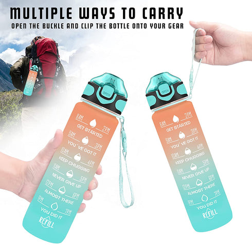 Enerbone 32 OZ Water Bottle with Times to Drink and Straw, Leakproof BPA & Toxic Free, Drinking Water Bottle with Carrying Strap, Ensure You Drink Enough Water for Fitness and Outdoor, Orange-Green