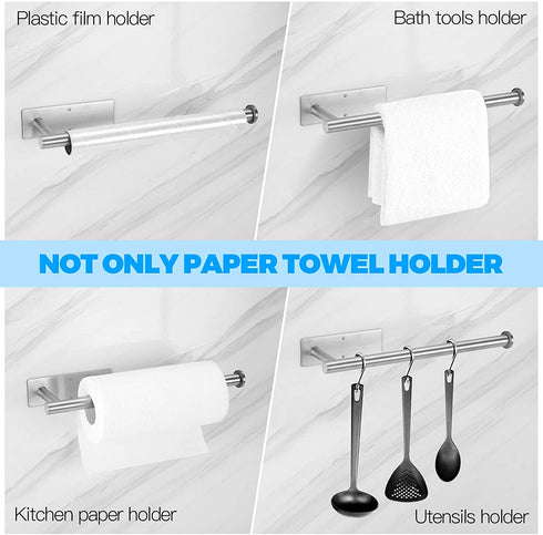 Under Cabinet Paper Towel Holder - Self Adhesive or Drilling, SUS304 Stainless Steel Wall Mount Silver Towel Paper Holder for Kitchen, Pantry, Sink, Bathroom