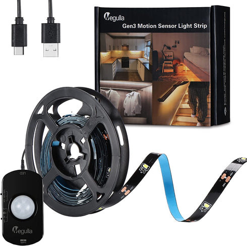 3.5m/11.5ft Motion Activated Gun Safe Light Strip, Megulla Gen3 Rechargeable Battery Powered Motion Sensor Black LED Strip with Timer and Dimmer for Closets, Stairs, Bed, Under Cabinet-Warm White