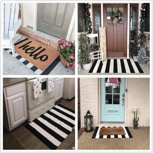 KaHouen Cotton Black and White Striped Rug ( 27.5 x 43 Inches ), Washable Hand-Woven Stripe Outdoor Front Door Mat for Layered Door Mats/Porch/Kitchen/Bathroom/Laundry Room.