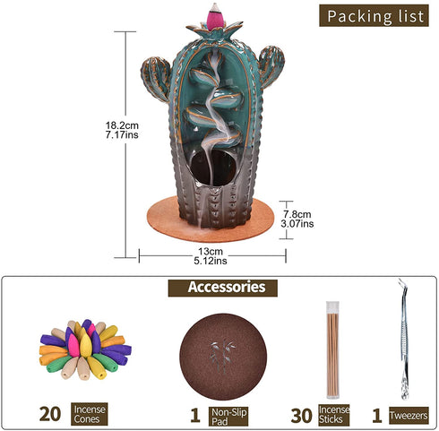 Backflow Incense Burner Cactus-like Waterfall Ceramic Incense Holder- Aromatherapy Ornament with 20 Incense Cones +30 Incense Sticks +1 Mat +1 Tweezer for Home Office Yoga Decor Gift