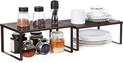 SONGMICS Cabinet Shelf Organizers, Stackable, Expandable, Set of 2 Metal Kitchen Counter Shelves, Brown UKCS01BR