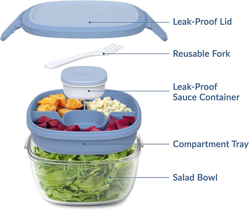 Bentgo® Glass - Leak-Proof Salad Container with Large 61-oz Salad Bowl, 4-Compartment Bento-Style Tray for Toppings, 3-oz Sauce Container for Dressings, and Built-In Reusable Fork (Light Blue)