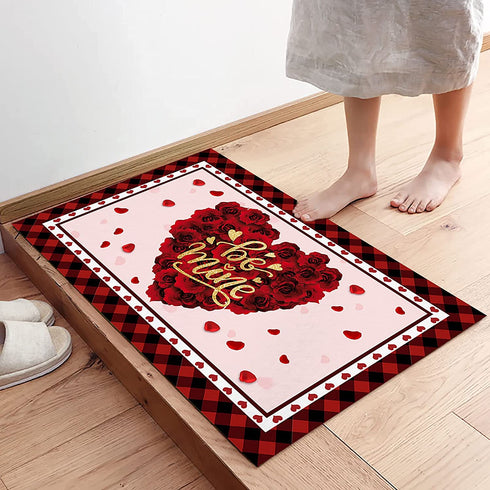ALAGEO Valentine's Day Doormat Red Love Heart with Rose Flowers Entrance Mat Be Mine Farmhouse Buffalo Plaid Valentine Decorative Floor Mat Non Slip Washable Welcome Mats for Home Decor