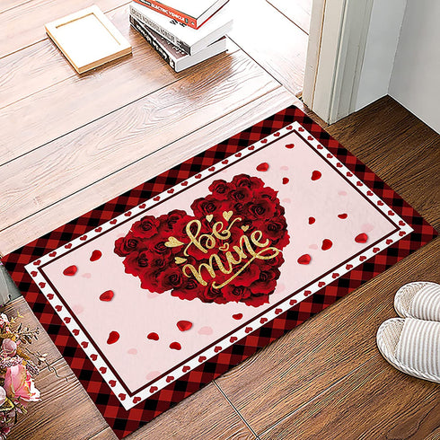 ALAGEO Valentine's Day Doormat Red Love Heart with Rose Flowers Entrance Mat Be Mine Farmhouse Buffalo Plaid Valentine Decorative Floor Mat Non Slip Washable Welcome Mats for Home Decor