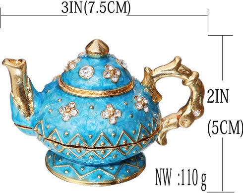 Waltz&F Retro light blue teapot Trinket Box Hinged Hand-painted Figurine Collectible Ring Holder