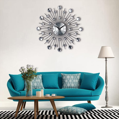 Timelike 3D Crystal Wall Clock - Celebration Decorative Metal Wall Clock, Sparkling Bling Diamond-Studded Silver Wall Clock Wall Decor for Kitchen, Living, Room Bedroom