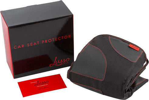 Lusso Gear Car Seat Protector for Baby Car Seat - Thick Padding, 2 Mesh Storage Pockets, Waterproof, Protects Fabric or Leather Seats, Non-Slip Padded Backing (Black with Red Stitching)