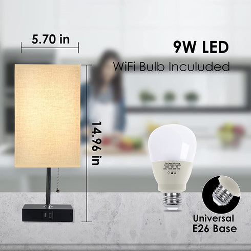 Wellwerks WiFi Table Lamp for living room, Desk Lamp with 2 USB charging ports-A port and C port, Bedside Lamp for Bedroom, Kid's Room, Dorm, Office(WiFi Bulbs Included)