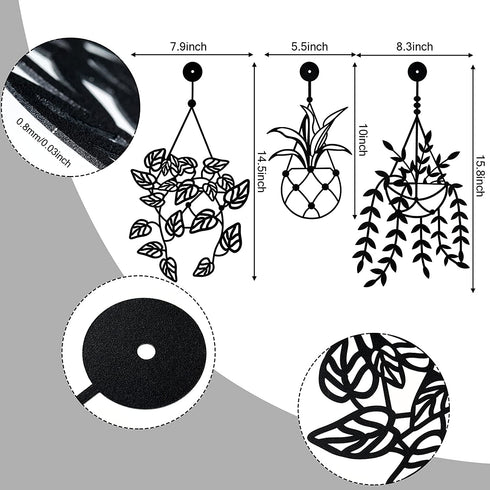 3 Pieces Metal Vase Flowers Wall Arts, Flower in Vase for Decorations, Metal Wall Sculpture for Patio Balcony, Black Metal Wall Art for Living Room Bathroom Bedroom