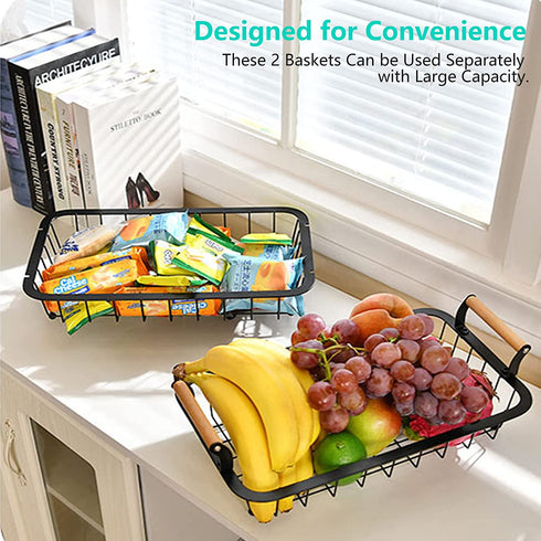 2 Tier Fruit Basket for Kitchen - Countertop Fruits Vegetable Bowl Detachable Metal Rectangular Wire Basket Stand Holder for Fruits Veggies Bread Snacks Organizer Storage
