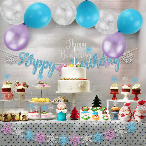 Snowflake Birthday Party Decorations with Happy Birthday Snowflake Banner, Cake Toppers, Purple Blue White Snowflake Balloons for Frozen Birthday Party Supplies Winter Wonderland Baby Shower