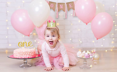 Baby Girl First Birthday Decorations - 1st Birthday Girl Decoration Pink Gold Party Supplies - Happy First Birthday Banner, Number 1 Balloon and Crown, Balloon Arch, High Chair Banner, ONE Cake Topper