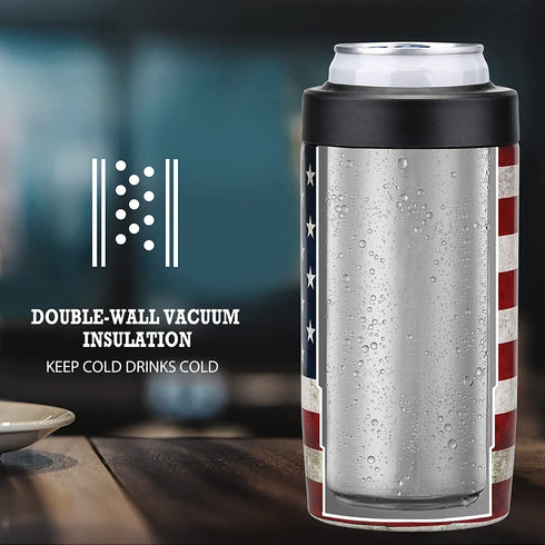 Maxso Slim Can Cooler, 4-in-1 Double Walled Stainless Steel Insulated Beer Can Holder, Works With All 12 Oz Cans,Bottles & As A Pint Cups | America Flag