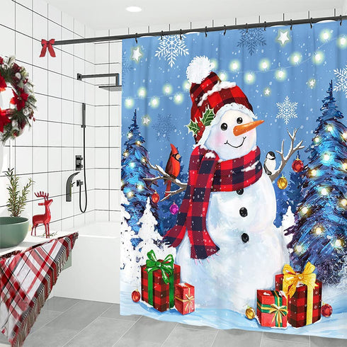 Christmas Shower Curtain, Snowman Christmas Tree Waterproof Bath Curtain for Bathroom, Let it Snow Fabric Shower Curtains with Hooks, Holiday Winter Gifts for Home Decorations, 72x72 Inches