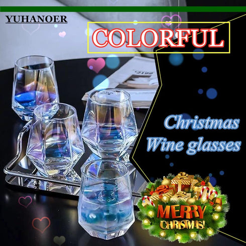 Christmas Diamond Whiskey Glasses Wine Glass Set Of 2(10Oz)Rocks Glass,with Gold Rim Stemless,Iridescent Glassware Crystal Material Tumblers,for Red Wine Bourbon Beverage Juice Glass(2pcs )