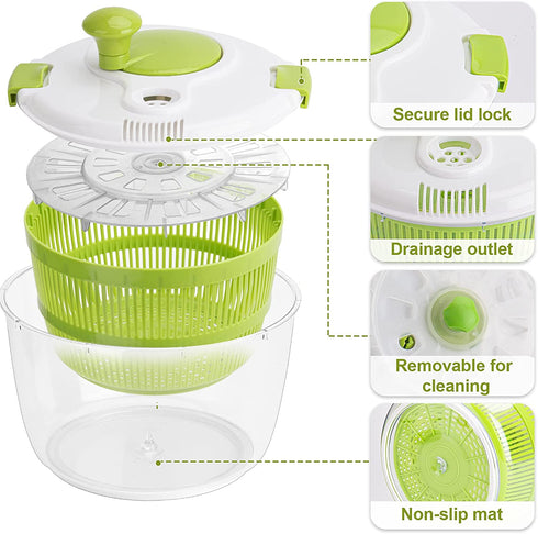 PTNITWO 5L Salad Spinner Large, Lettuce Spinner Dryer With Comfortable Handle, Safe Locking Lid and Non-slip Base, BPA Free, Vegetable Washer with Bowl for Cleaning and Drying Salad Greens and Fruit