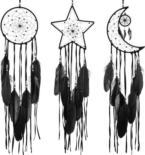 3 Pieces Dream Catcher Moon Sun Star Design Handmade Traditional Design for Wall Hanging Home Decoration (Black)