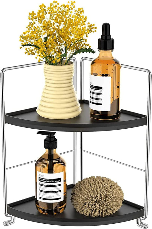 Kitchen Spice Rack Standing Shelf, 2-Tier Corner Storage Shelf , Bathroom Countertop Organizer , Vanity Tray Cosmetic & Makeup Storage, Silver&Black