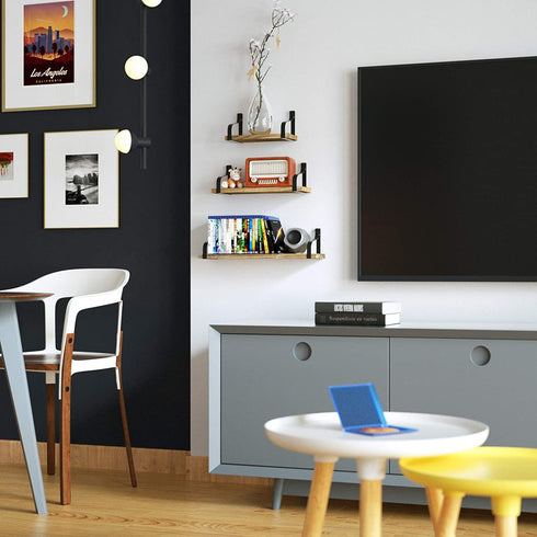 Love-KANKEI Floating Shelves Wall Mounted Set of 3, Rustic Wood Wall Storage Shelves for Bedroom, Living Room, Bathroom, Kitchen, Office and More Carbonized Black