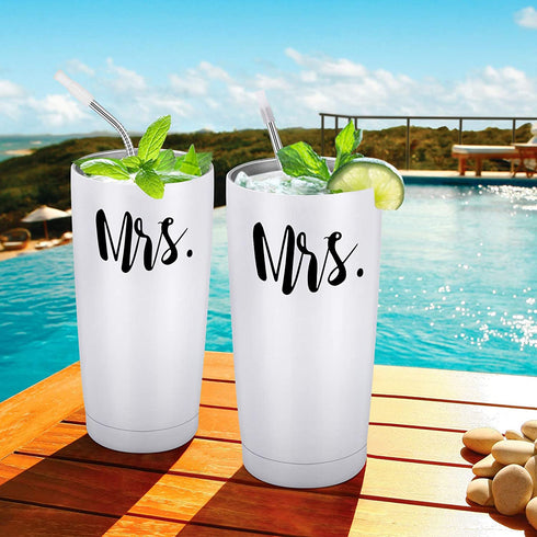 Cpskup Mrs and Mrs Travel Tumbler Set, Lesbian Couple Gifts for Women, Engagement Wedding Valentine™s Day LGBT Gifts for Girlfriend Wife Fiancée, 20 Oz Stainless Steel Travel Tumbler with Lids, White