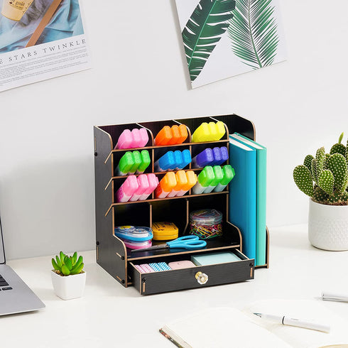Marbrasse Upgraded Wooden Pencil Organizer, Multi-Functional Pencil Holder with Bookend + Drawer, DIY Art Supply Organizer, Easy Assembly Desktop Organizer Storage (Black)