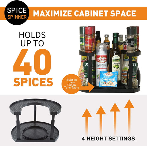 Aeakey Spice Rack storage,Spice Spinner Two- Tiered Lazy Susan Turntable Spice Rack Organizer Rotating Spice Holder For Cabinet And Storage,Holder That Saves Space,Height Adjustable,Fridge,Closet,Kitchen Countertop (Black)