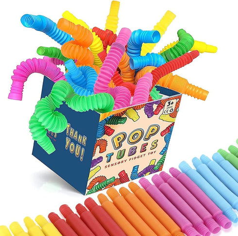 Pop Tubes Mini 24 Packs, Sensory Fidget Stretch Tubes Bulk for Kindergarten, Stress Relief for AHD, ADD Toddlers, DIY Learning Skills for Preschool, Valentine's Day Classroom Gifts Party Favors Prize