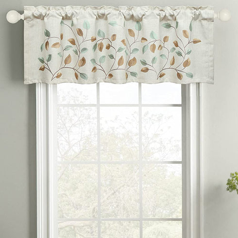 Leeva Embroidered Small Curtain Valance for Windows Bedroom, Embroidery Leaf Linen Energy Saving Valances for Dining Room Studio, 52x18, Green Leaves