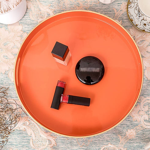 MAONAME 13" Round Tray, Orange Serving Tray with Handles, Modern Decorative Tray for Coffee Table, Plastic Ottoman Tray for Ottoman, Bathroom, Decor